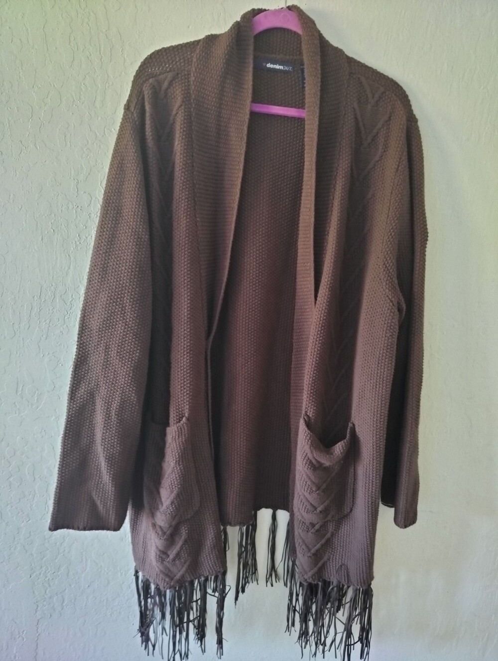 Denim 24/7 Boho Fringe Open Front Cardigan Sweater Chocolate Brown 2x